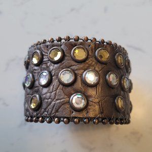 Womens Boho Cuff Bracelet Leather Faux Gemstones Bronze